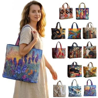 Quilted Tote Bag Retro Print Fabric Commuter Tote Vintage Lightweight Foldable Handbag for Women Daily Use Travel Grocery Shopping