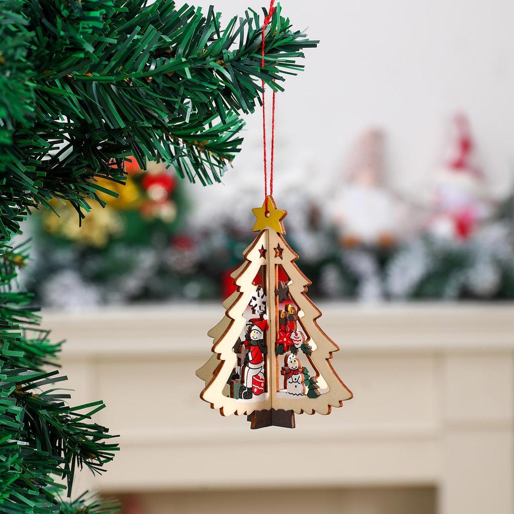 3D Wooden Christmas Tree Ornaments: Bells & Stars Scene Decoration