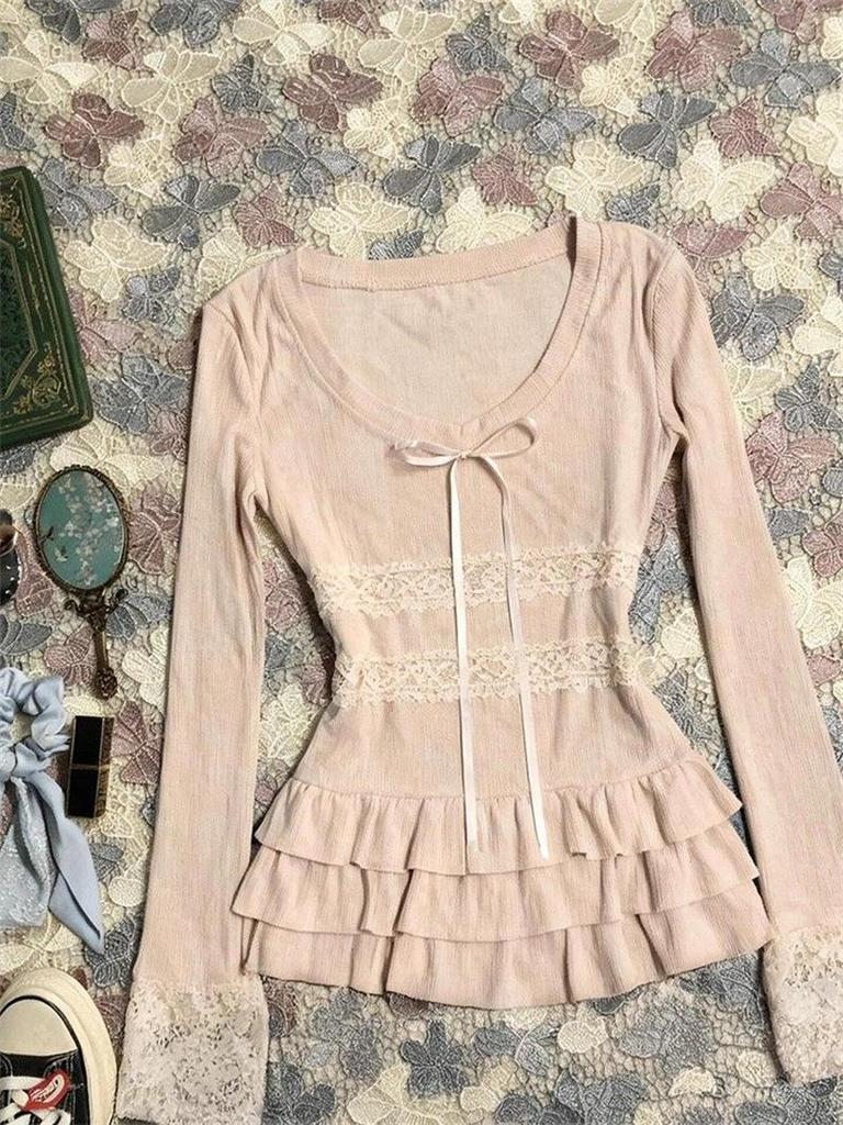 Guangzhou Ribbed Cashmere Lace Trim Long-Sleeve Top