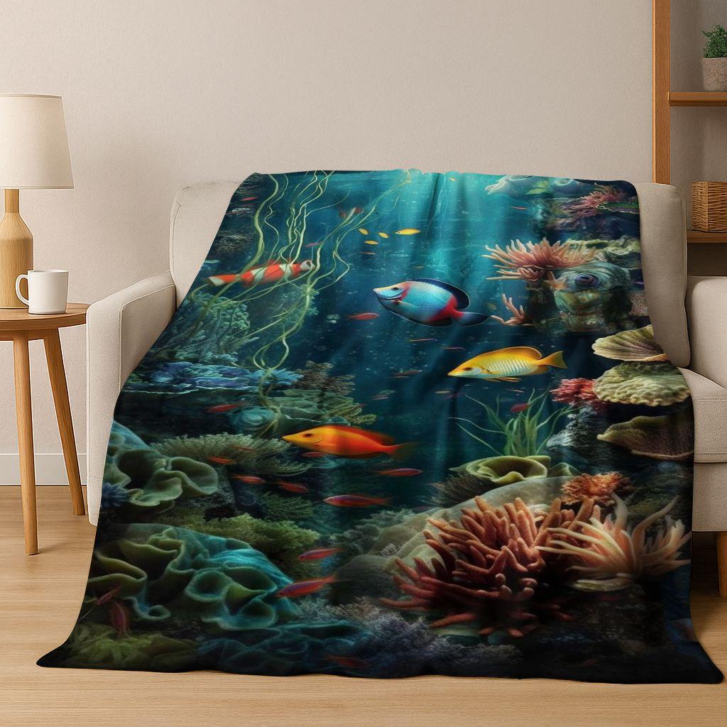 Dream Underwater World Sea Dolphin Turtle Coral Art Flannel Blanket,Cozy Soft Throw Blanket for Home Bedroom Bed Sofa Gift Kids