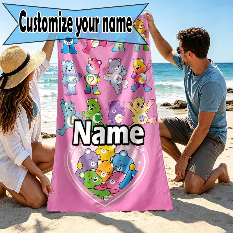 Custom Name Personalized Care Bears Print Beach Towel, for Trip Camping Beach Party Home Decor, Birthday Gift for Family & Friends