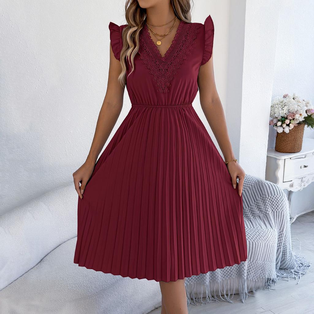 Modisches Lässiges Spitzen-V-Ausschnitt-Kleid mit Rüschen, Taillenbetonung und Falten