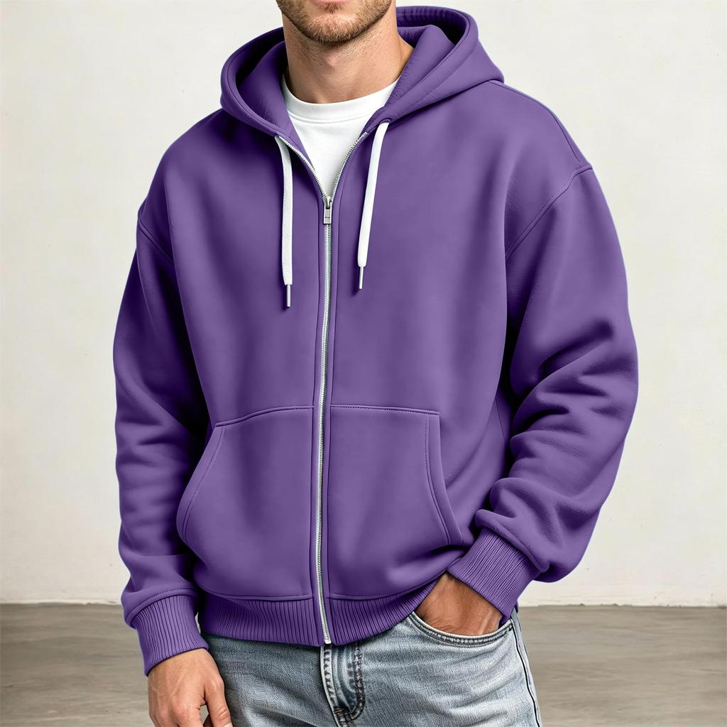 Men's Full Zip Hoodie Drop Shoulder Sleeves, Casual Long Sleeve Sweatshirt for Everyday Wear