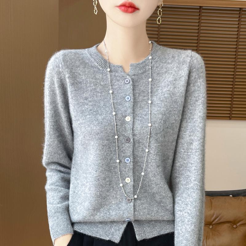 Women's 2024 Pure Wool Knit Cardigan - Round Neck, Long Sleeve, Versatile Base Layer