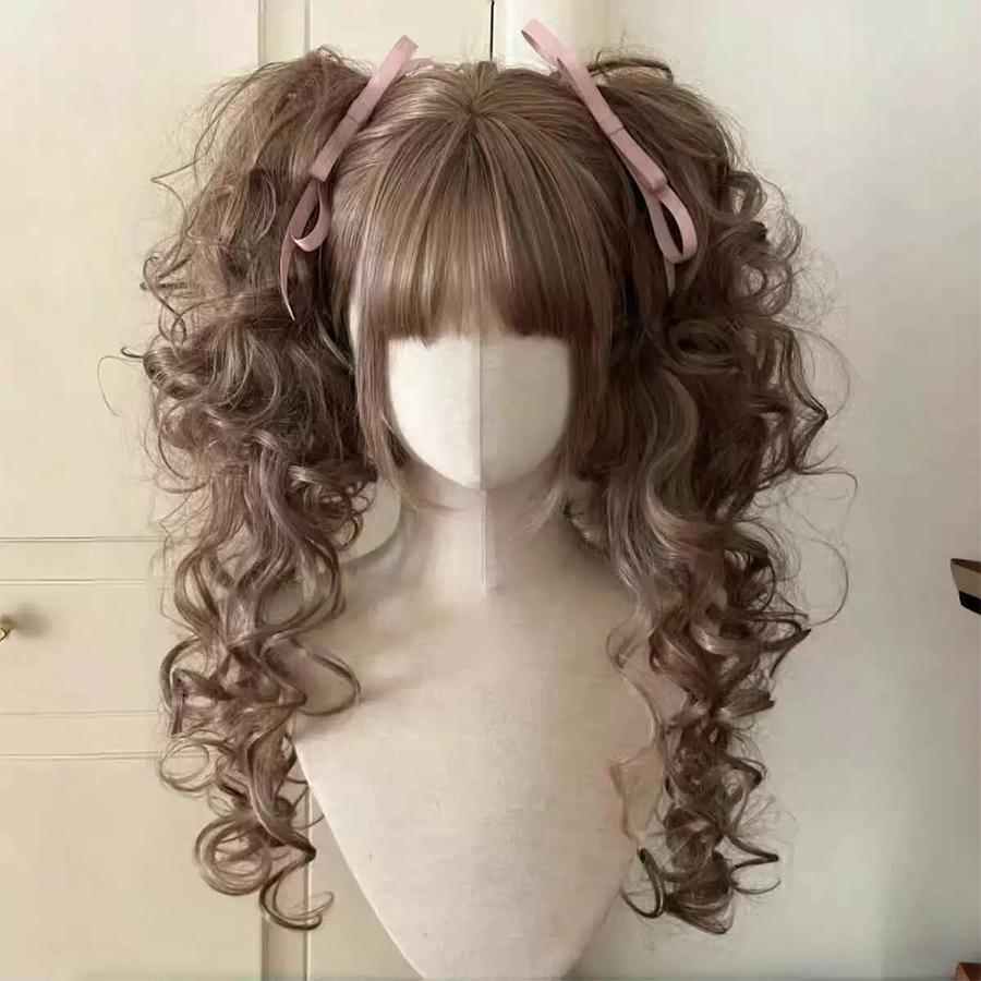 Roman Curly Synthetic Lolita Curly Hair With Bangs Golden Anime Wig Oberl Woman Party Cosplay Wig