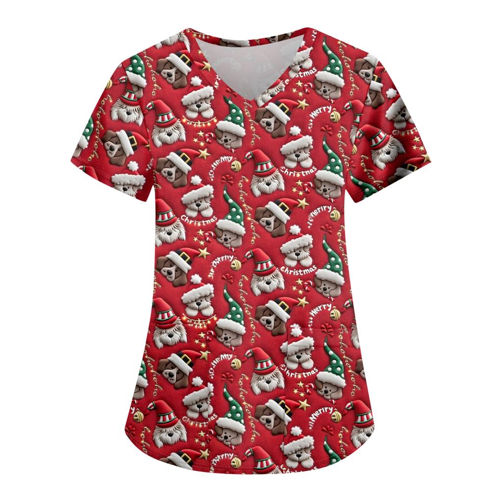 Damska Modna Codzienna Koszulka z Kieszenią i Świątecznym Nadrukiem