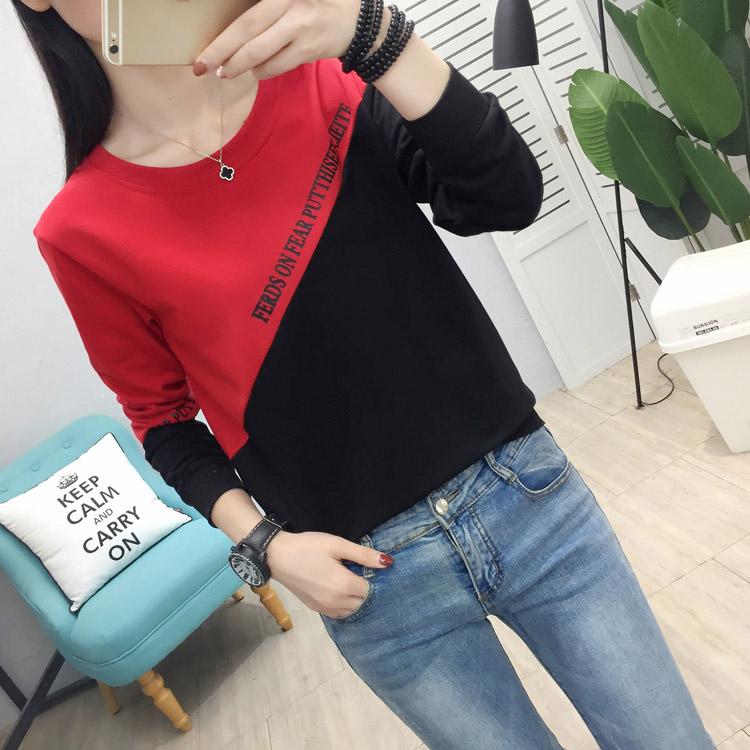 Simple Color Stitching T-shirt Slim Fashion Letter Printing Thin Sweater Spring Korean Women's Sweatshirt