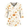 Women's Halloween Print V-Neck Uniform Top with Pockets and Side Slits, Three-Quarter Sleeve Casual Scrub