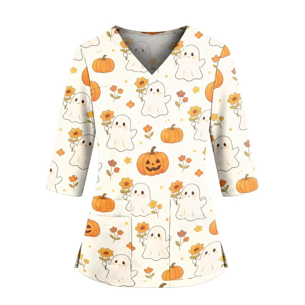 Women's Halloween Print V-Neck Uniform Top with Pockets and Side Slits, Three-Quarter Sleeve Casual Scrub