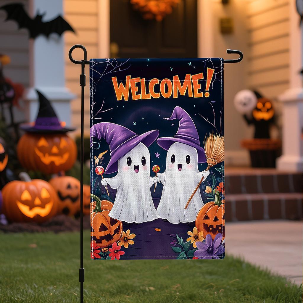Halloween Garden Flag Pumpkin Ghost Witch Halloween Flags Double Sided Faux Linen Funny Yard Decoration for Outdoor Welcome