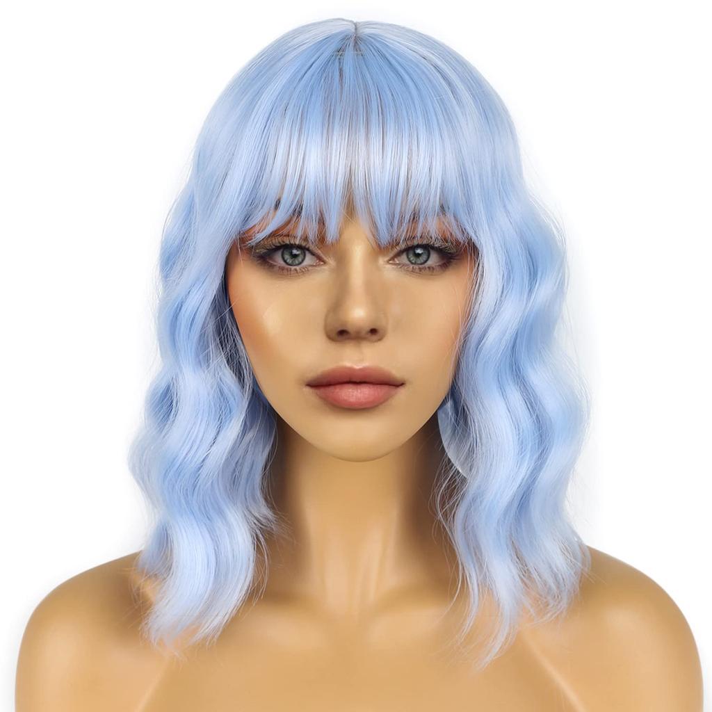 LANCAINI Short Bob Wigs with Bangs for Women Loose Wavy Wig Curly Wavy Shoulder Length Bob Synthetic Cosplay Wig for Girl Colorful Costume Wigs