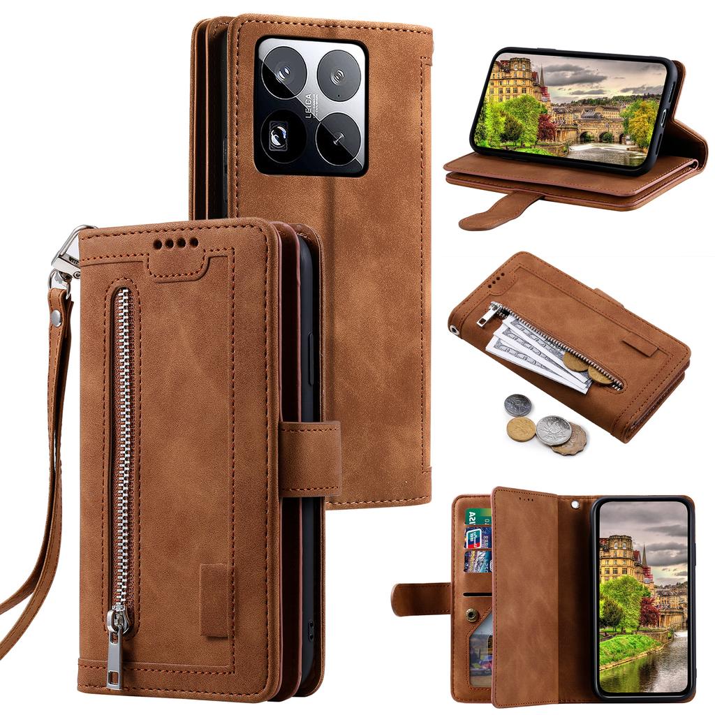 For Xiaomi 15 Pro Case PU Leather Phone Cover with Zipper Wallet 9 Card Slots