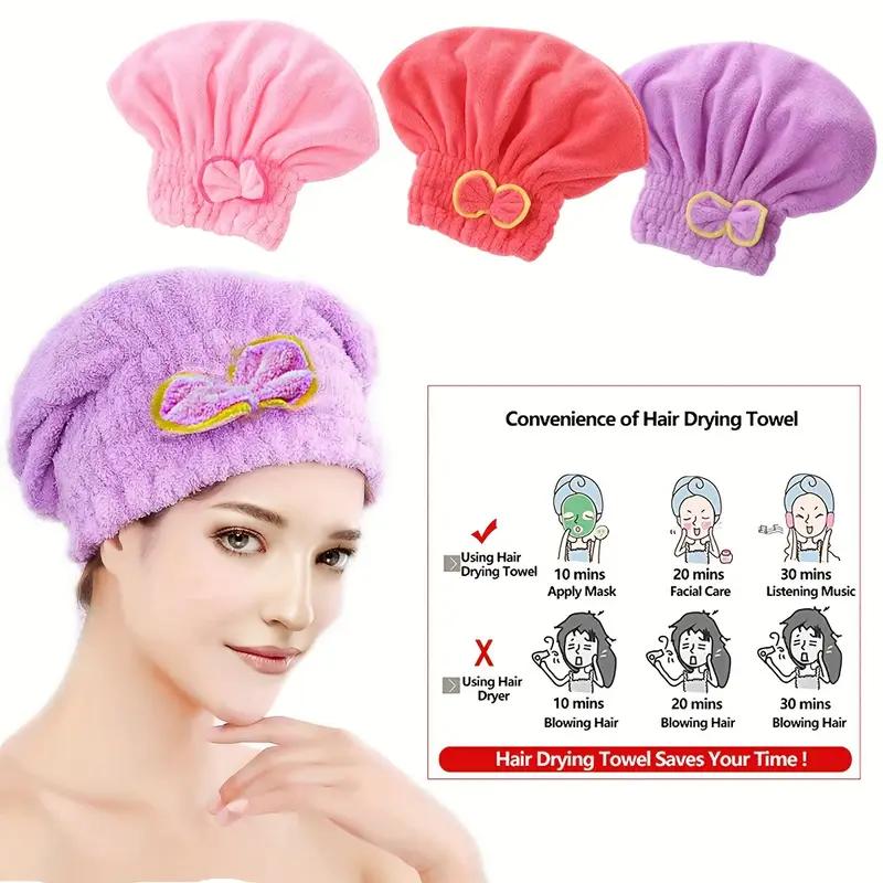 3Pcs Coral Fleece Hair Drying Caps - Absorbent Quick-Dry Spa Caps with Cute Bow Design, Soft Comfortable Hair Wrap for Daily Use
