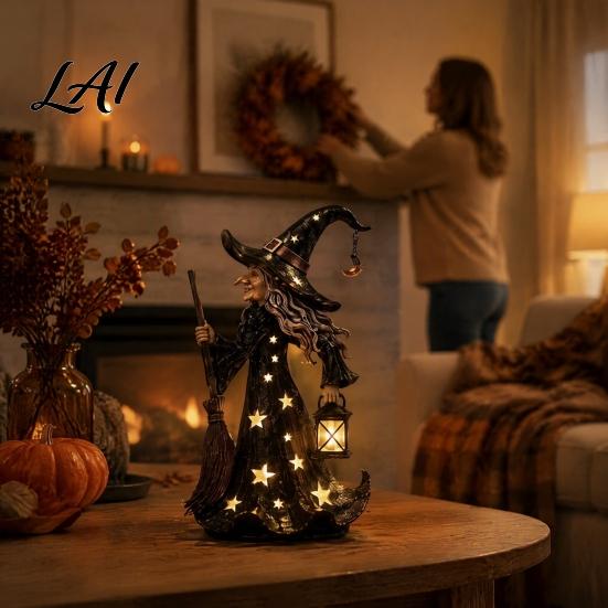 Rustic Festive Desk Accessory Halloween Witch Figurine with Star Light Resin Tabletop Nightlight Lantern Vintage Theme Party Prop Wizard Hat