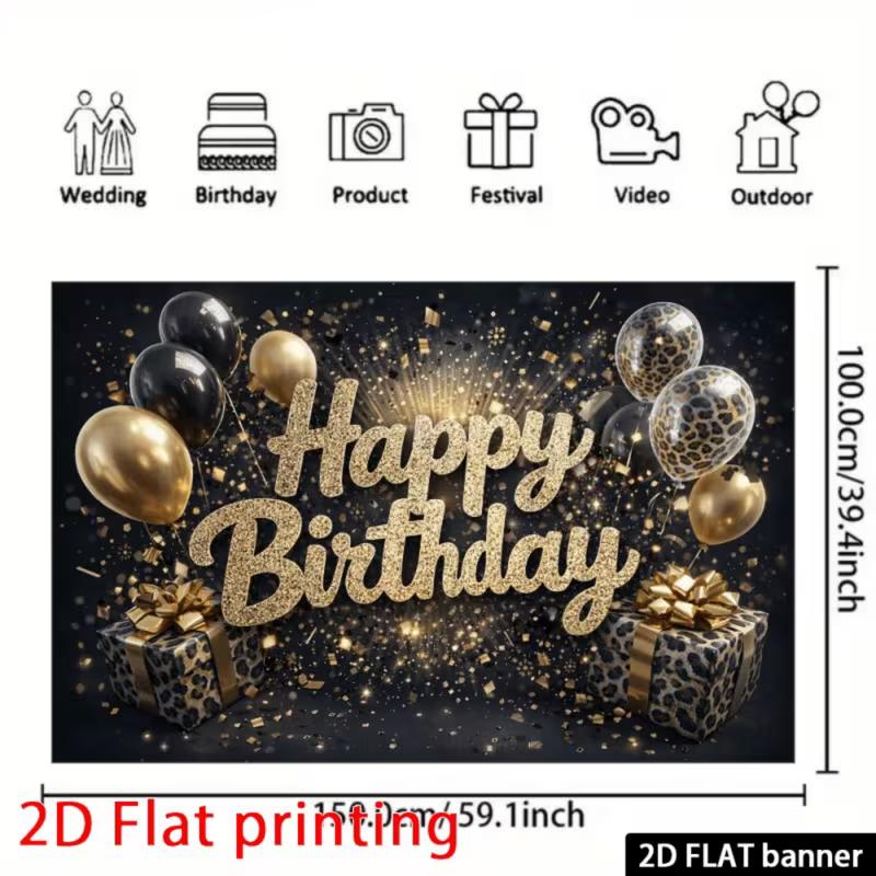 2D Flat Printing Black Gold Glitter Happy Birthday Party Photo Booth Background Cloth