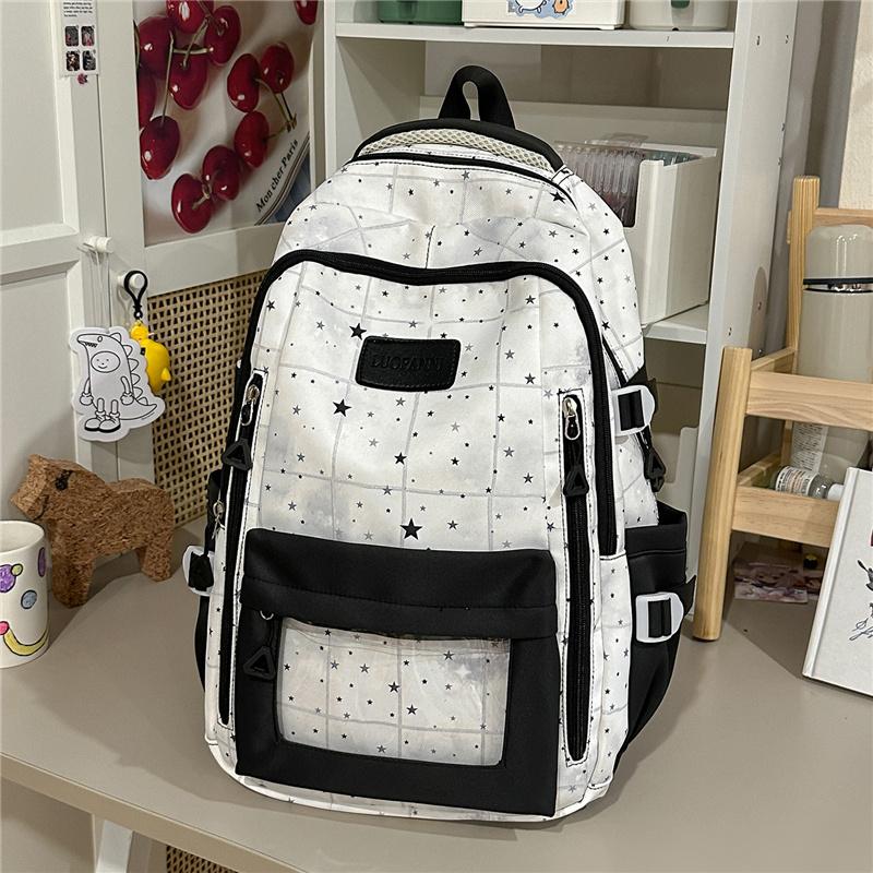Cute Star Print School Backpack Lightweight Nylon Zipper Daypack with Clear Pocket for Teen Girls Daily Travel