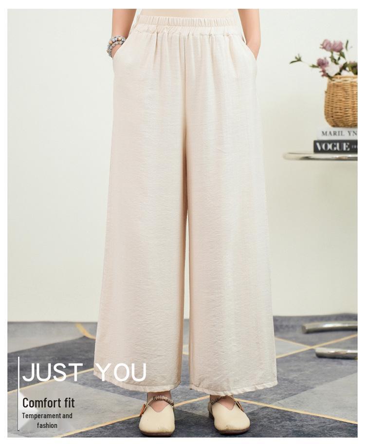 Women's Summer Silk Linen Wide-Leg Pants: Literary Solid Color, Elastic Waist, Loose Fit, Thin Fashion Leggings.