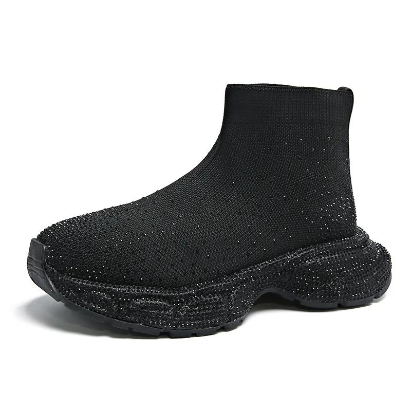 Fashion 2024 New Water Diamond High-top Sports Shoes for Women with Elastic Socks Boots and Spongy Breathable Casual Elevated Shoes