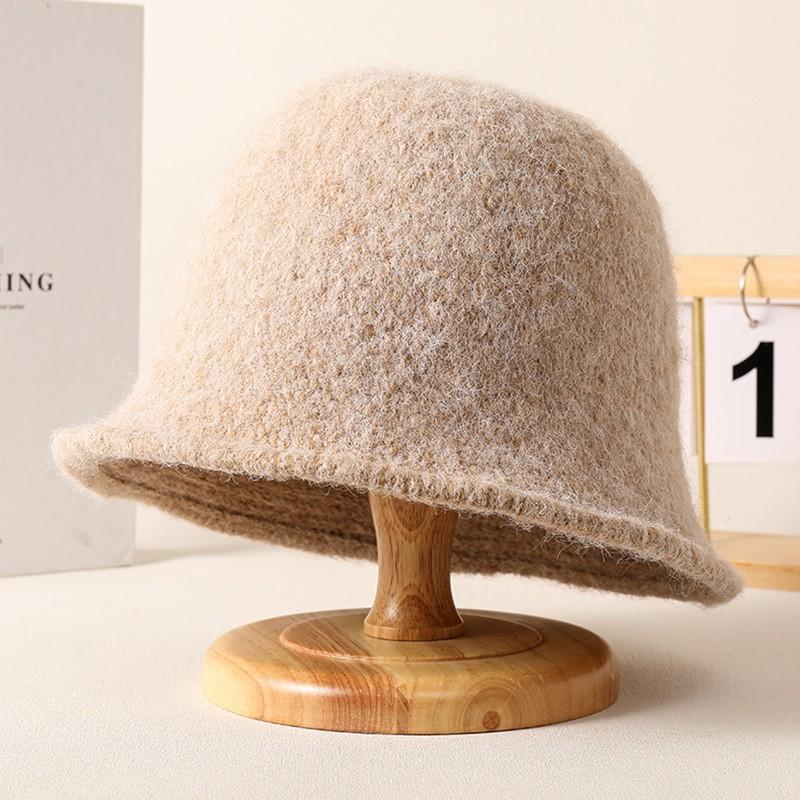 Autumn and winter woolen new high-end solid color bucket hat women's warm versatile sunshade basin hat plush bucket hat