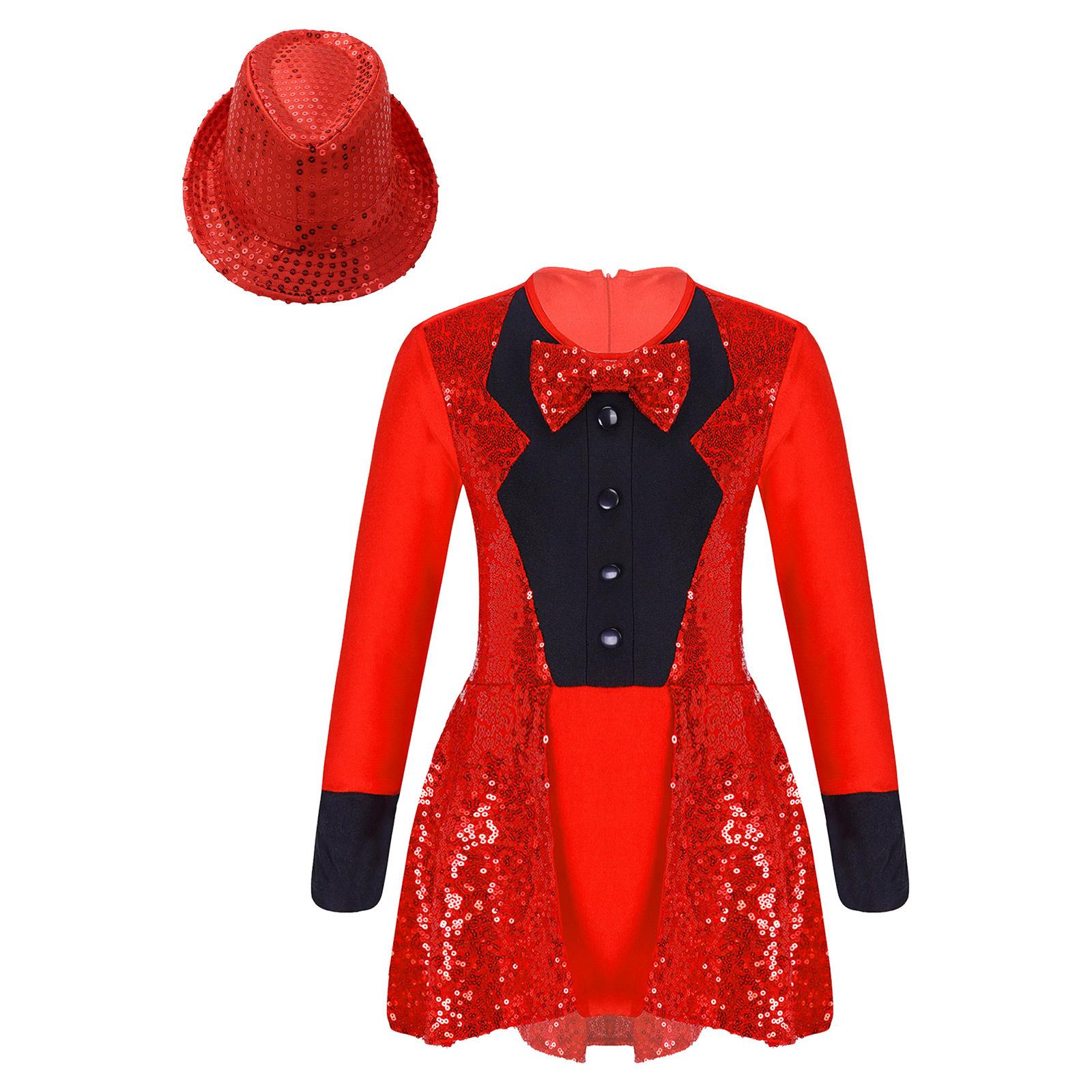 

Girls Sequined Leotard Long Sleeve Round Neck Patchwork Zipper Design Paillette Fedora Hat Dress Up Costume 13-14 Years червоний