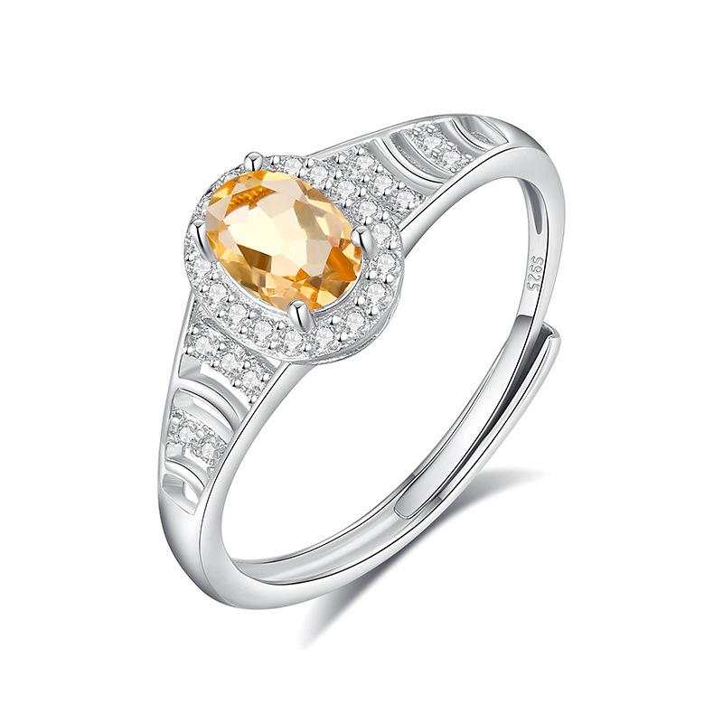 S925 Silver Natural Stone Open Ring, Amethyst/Citrine, Korean Style Daily Jewelry Gift for Women