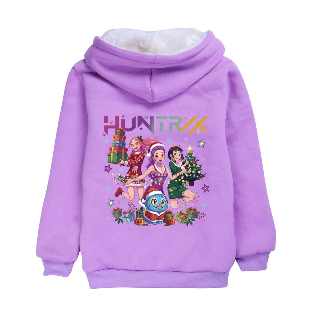 5084 Multi-color Christmas Children Girls Kpop Zoey Mira Rumi Print Long Sleeves Velvet Warm Winter Jacket