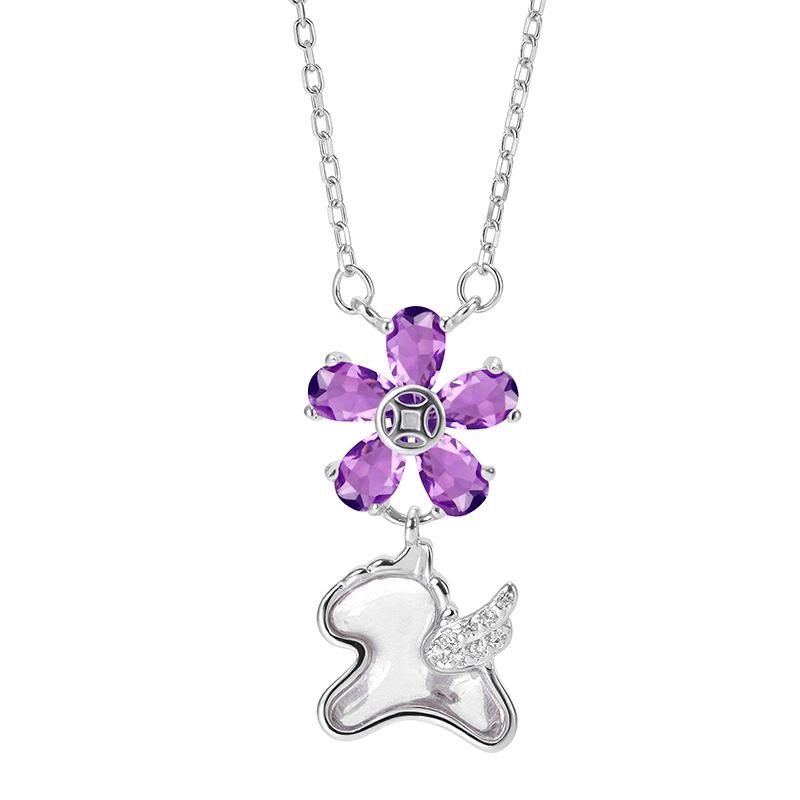 925 Sterling Silver Horse Flower Necklace for Women, Natural Amethyst/Topaz/Citrine Crystal Pendant, Trendy Jewelry 925 silver