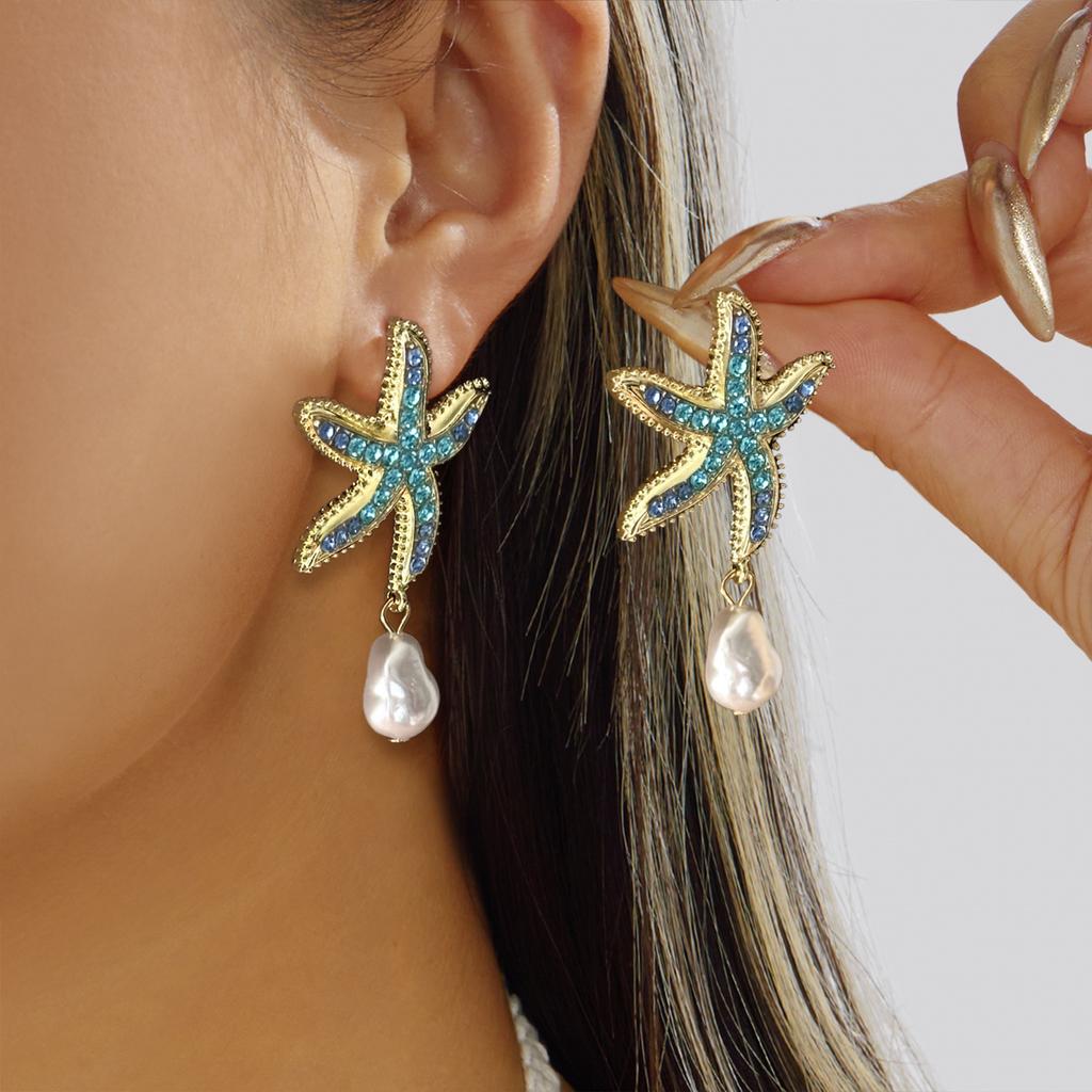 Modne kolczyki wiszące z imitacji pereł w stylu barokowym dla kobiet Kolczyki wkrętki z niebieskimi cyrkoniami w kształcie rozgwiazdy Biżuteria na wakacje na plaży