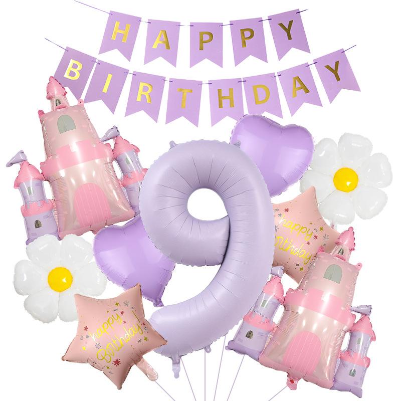 10 Pcs Mew Princess Castle Aluminum Film Balloon 40inch Cream Purple Number Balloon Girl Birthday Flag Decoration Party Suppiles Number&40inch