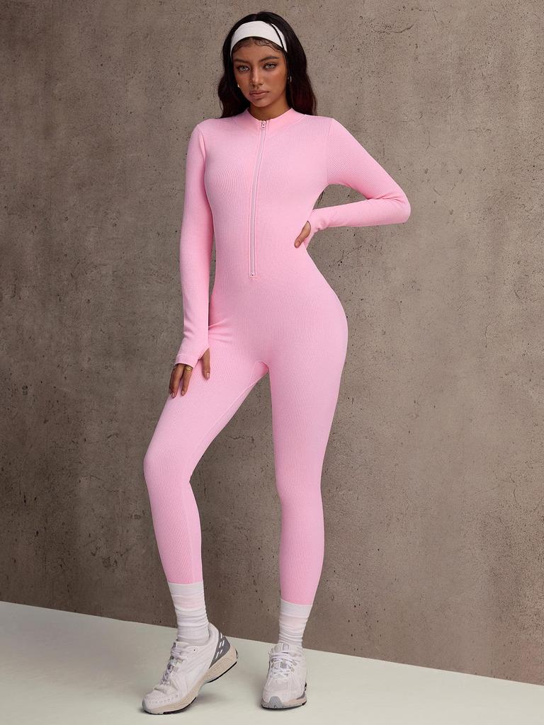 European-Style One-Piece Sport Jumpsuit for Women with Zipper, Stand Collar, Long Sleeves, Thumb Holes, Hip Lifting, and Tummy Control