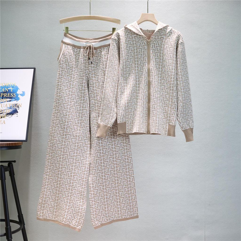 European & American Women's Hooded Jacket & Wide-Leg Pants Knit Two-Piece Set for Spring & Autumn