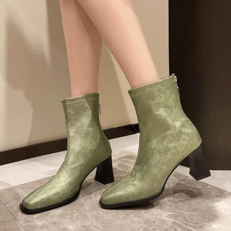 Square Toe Women Ankle Boots Thin Mid Heels Beiga/red/green Back Zipper Dress Sock Boots Woman Size 35-42 Botines Para Mujeres