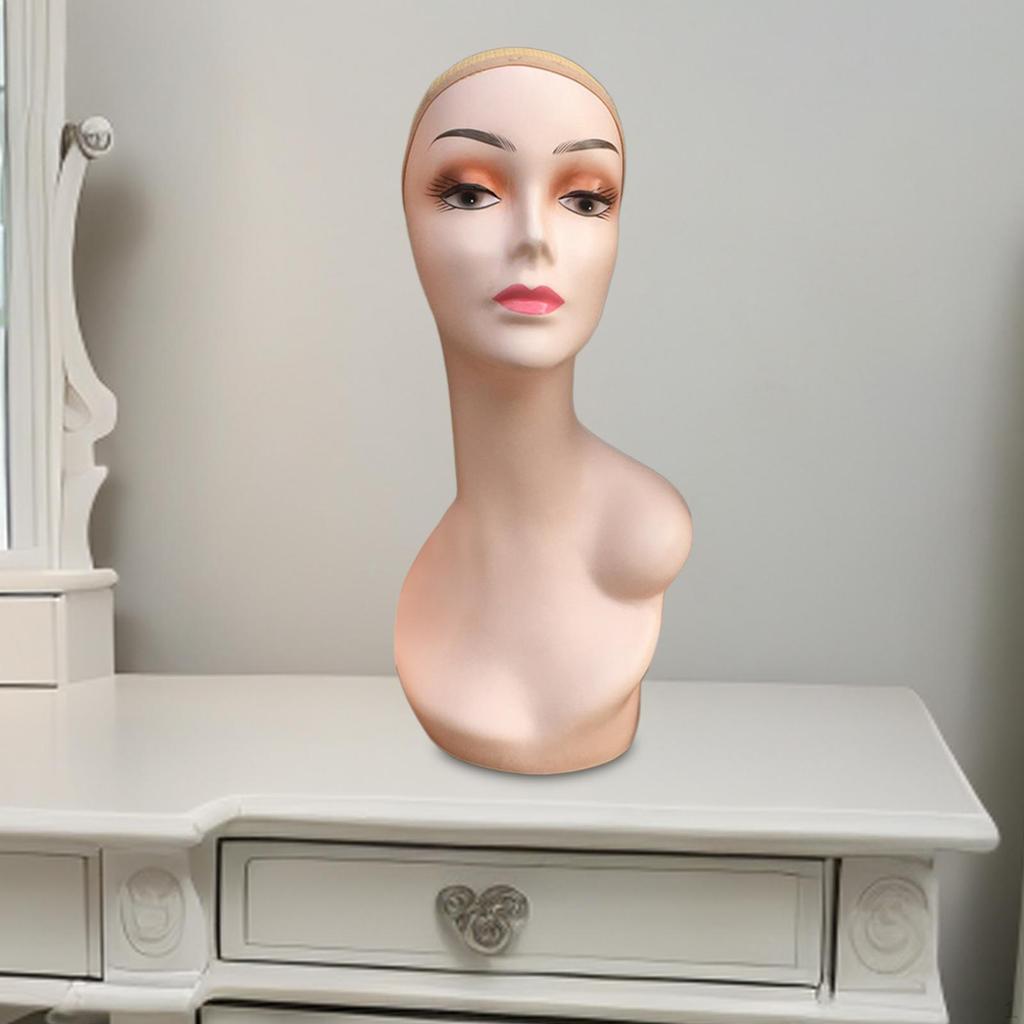 Bald Female Mannequin Head with Left Shoulder Multipurpose Professional Makeup Wig Stand 48cm