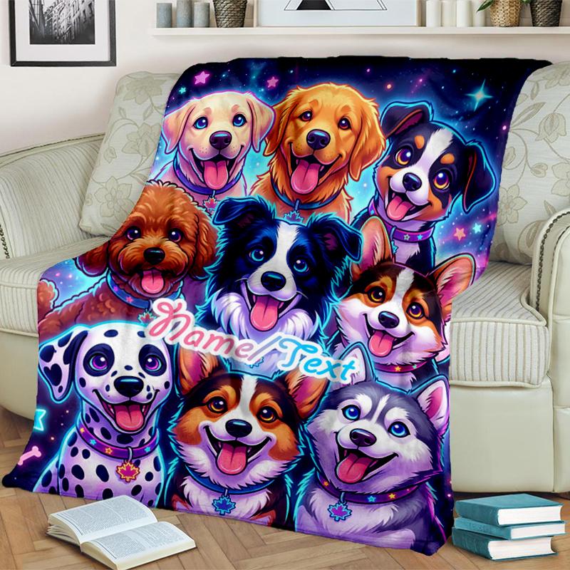 1PC Custom Name Dogs Space Adventure flannel blanket versatile,all-season throw suitable for the living room,bedroom,camping,travel,and gift