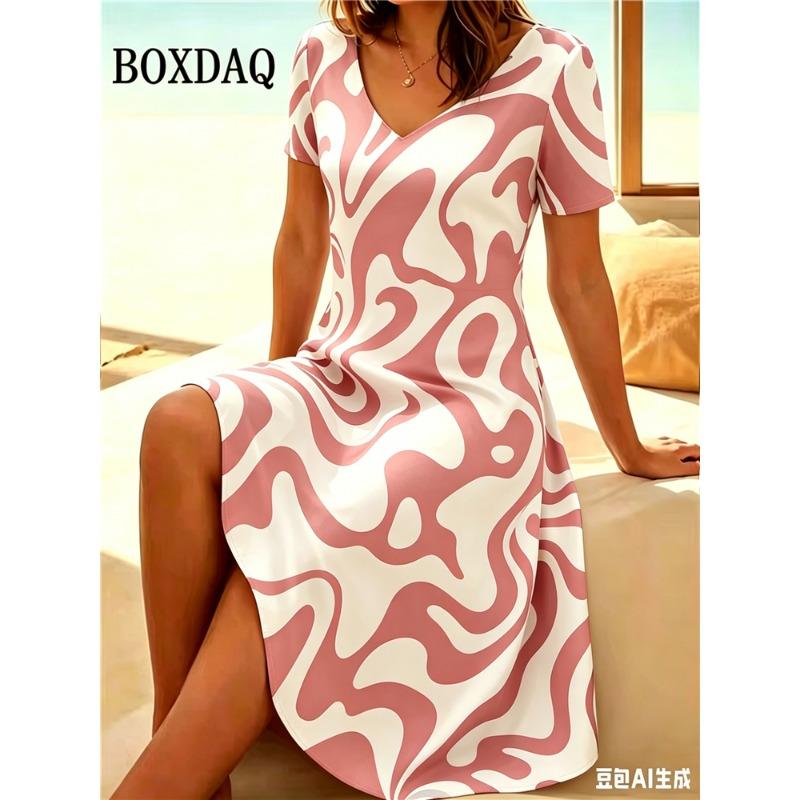 New Women's Short Sleeve V Neck Dress Casual Abstract Painting Pattern Home Dress Summer Fashion Plus Size A Line Dress