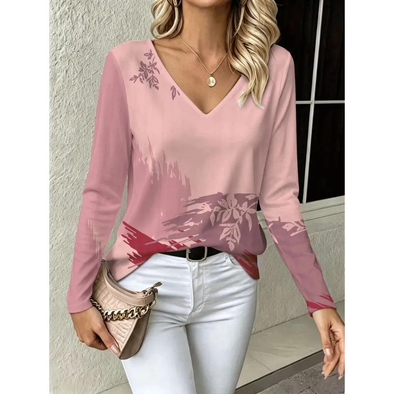 Autumn Women's 3D Flower Print V-Neck Long Sleeve T-Shirt