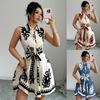 A New Summer Women's Fashion Printed Cinched-waist Lace-up Sleeveless Dress
