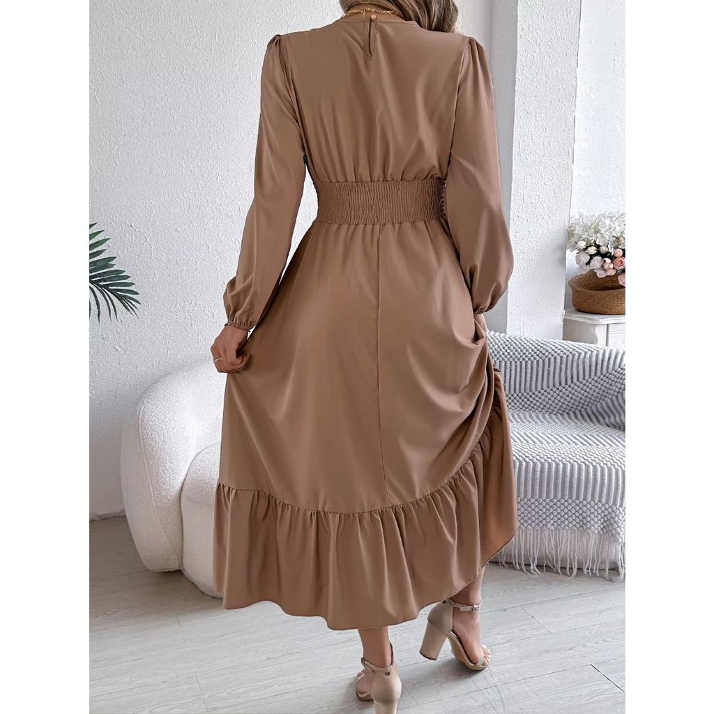 Autumn and Winter Casual Elegant Solid Color Round Neck Long Sleeved Waist Cinched Lotus Leaf Edge Dress Women Clothing