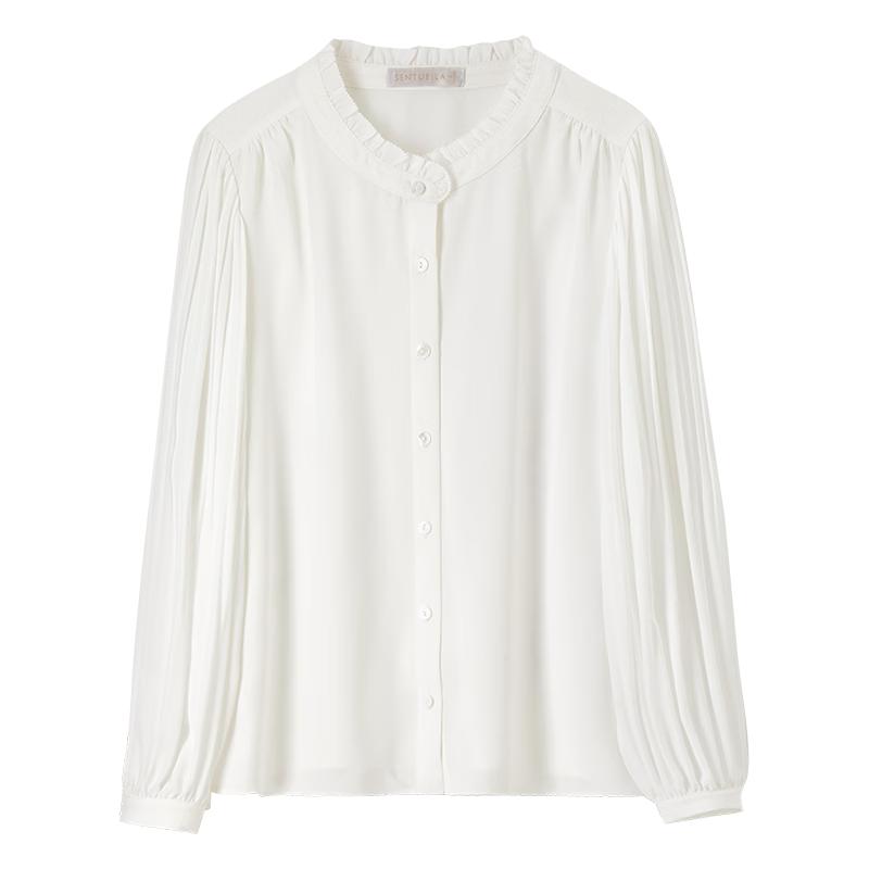 Women s Ruffle Collar Pleated Long Sleeve Shirt M