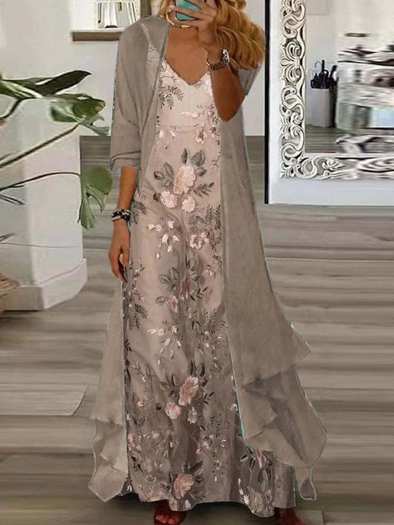 Abito Maxi da Donna Rosa Chiaro con Stampa Floreale a Spalline con Cardigan Grigio Chiaro