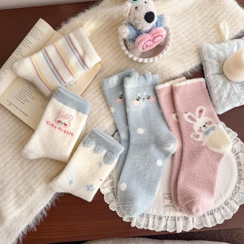 Rabbit Home Cute Girl'S Australian Velvet Socks Sweet Pink Mid-Leg Socks Indoor Versatile Warmth