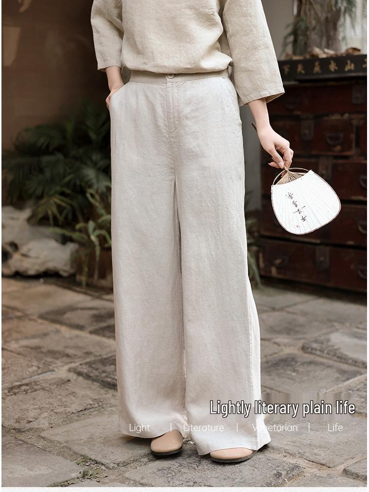 Lu & Andi Women's Spring Han Hemp Wide-Leg Pants - New Chinese Style Slimming Drape Straight Leg Casuals