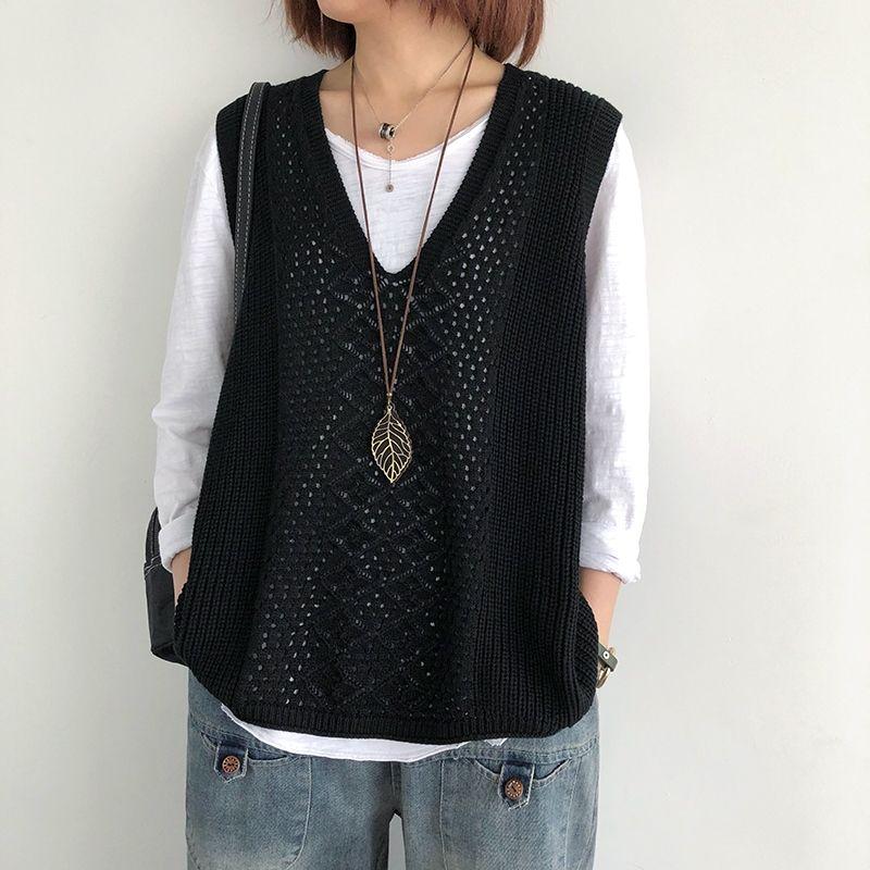 Spring and Autumn Hollow Out Sleeveless Women Knitted Vest Sleeveless Sweater V-Neck Knitted Top Plus Size