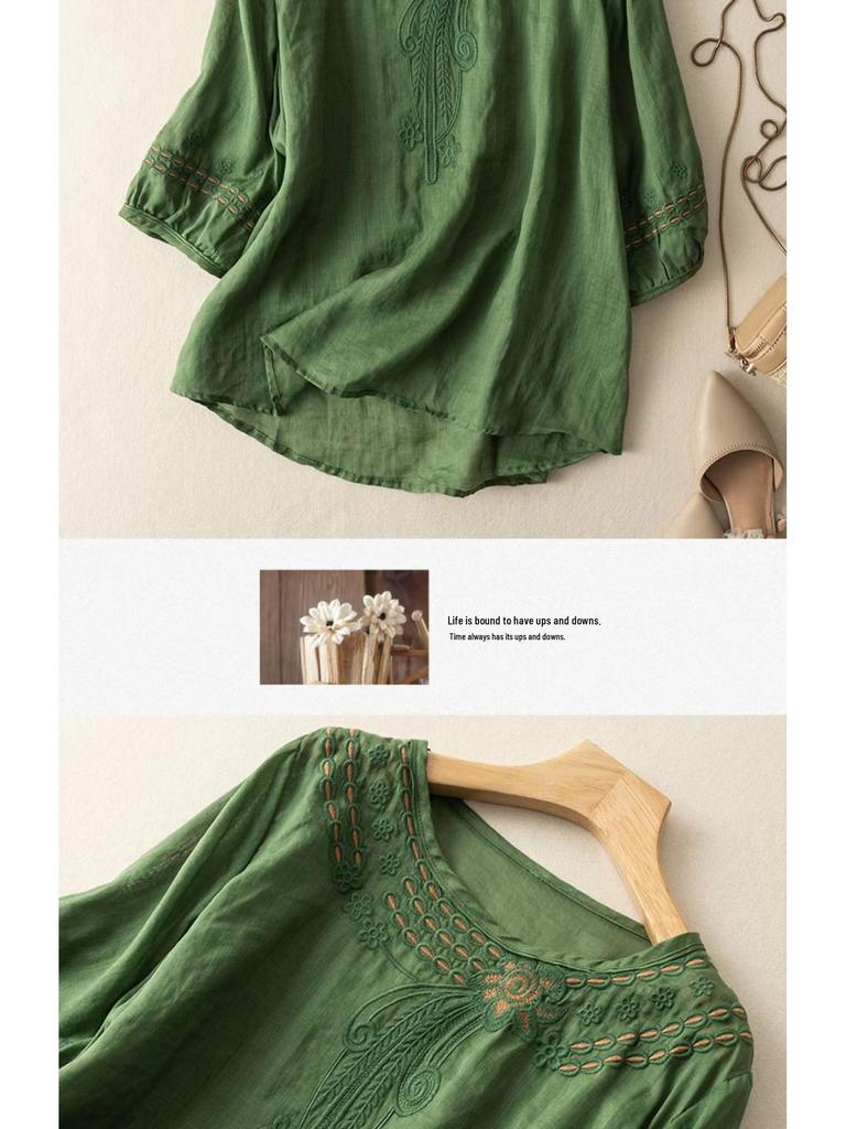 High-End Damen Übergröße Leinen-Baumwoll Kurzarmhemd - Sommer 2025 Chinesischer Stil