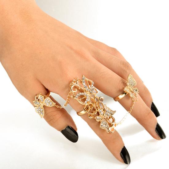Fashion Rhinestone Hollowed Butterfly Link Finger Ring Adjustable Women Jewelry