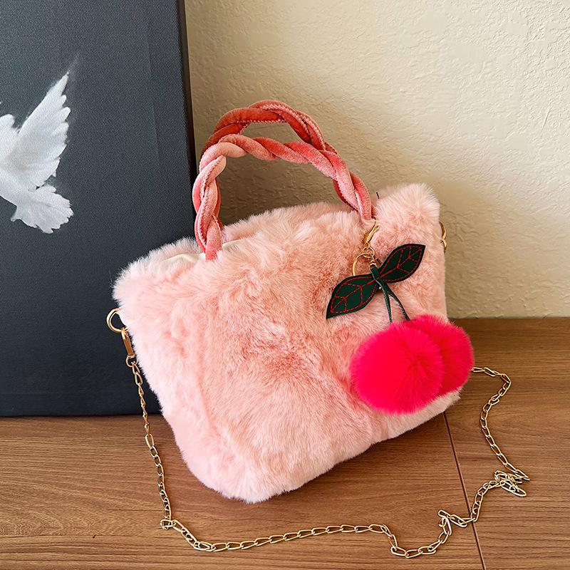 Solid Color Plush Cherry Square Bag Women's Versatile Fashion Chain Shoulder Messenger Bag Winter Small Tote Handbag Bag