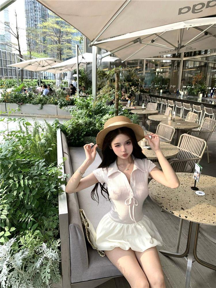 Koreańska morelowa sukienka z kołnierzykiem polo, krótkim rękawem, dopasowana, patchworkowa, dla kobiet