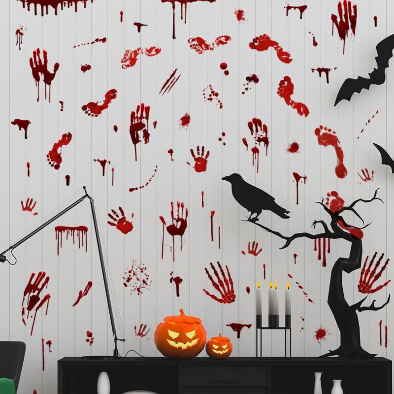 Halloween Window Clings Bloody Handprint Footprint 3D Butterfly Black Bat Wall Decal Scary Halloween Decoration for Home Decor