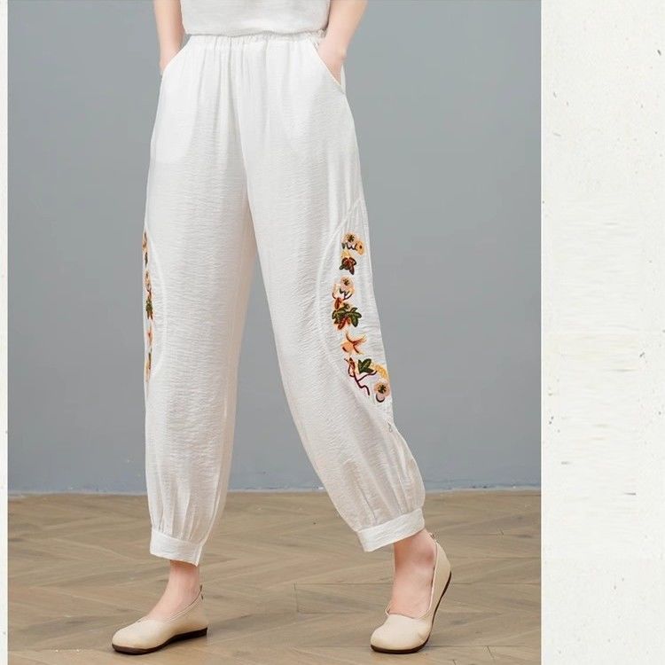 Summer Women's Cotton and Hemp Embroidered Haren Pants Middle Aged and Elderly Large Loose Haren Pants Mom Cropped Pants