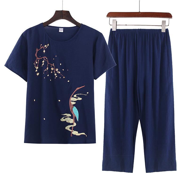Women's Summer Cotton Linen Short-Sleeved Two-Piece Set: Grandma Mom Pajama Top and Pants.